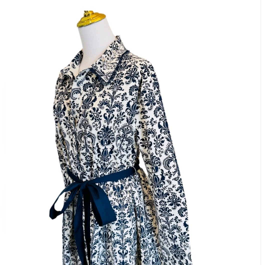 Trish Scully Constance Maxi Dress Navy Damask Sz 14 Jewel Collar Long Sleeve Nwt — image 5 of 7
